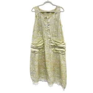Krista Larson Yellow Paisley Linen Midi Dress Lace Trim Sleeveless Lagenlook OS
